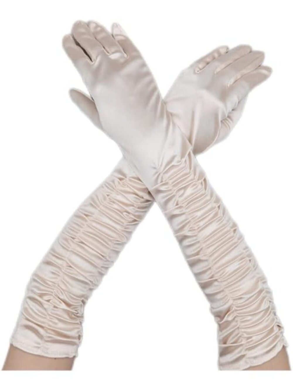Women's Champagne Long Opera Party 1920s Satin Elbow Adult Stretchy Pleat Gloves
